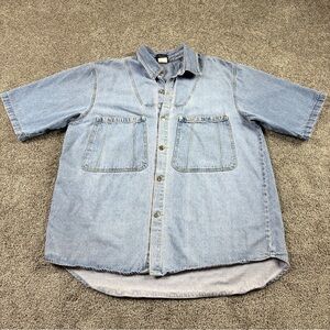 KARL KANI JEANS Vtg Heavy Denim Metal Button Mens L Shirt Short Sleeve Amazing!